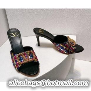 Best Grade Valentino VLogo Heel Slide Sandals 7.5cm in Woven Calfskin with Crystals Multicolor 027039