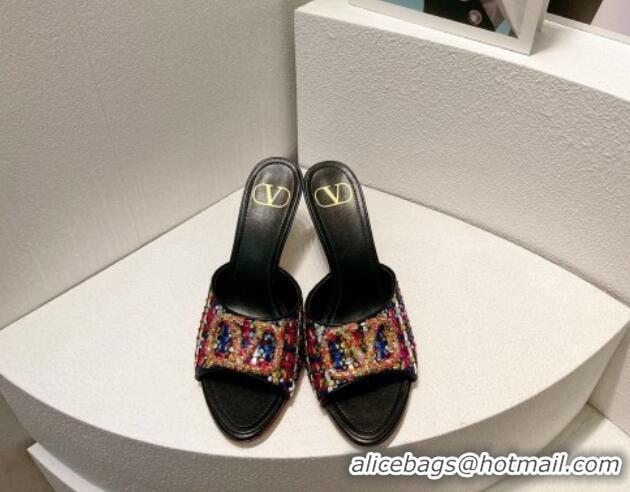 Best Grade Valentino VLogo Heel Slide Sandals 7.5cm in Woven Calfskin with Crystals Multicolor 027039