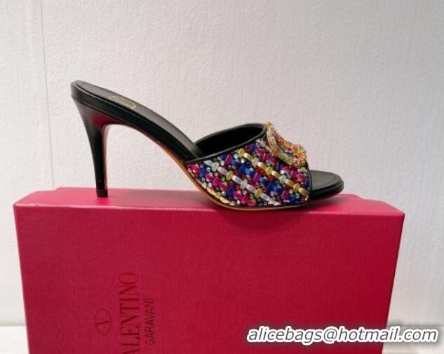 Best Grade Valentino VLogo Heel Slide Sandals 7.5cm in Woven Calfskin with Crystals Multicolor 027039