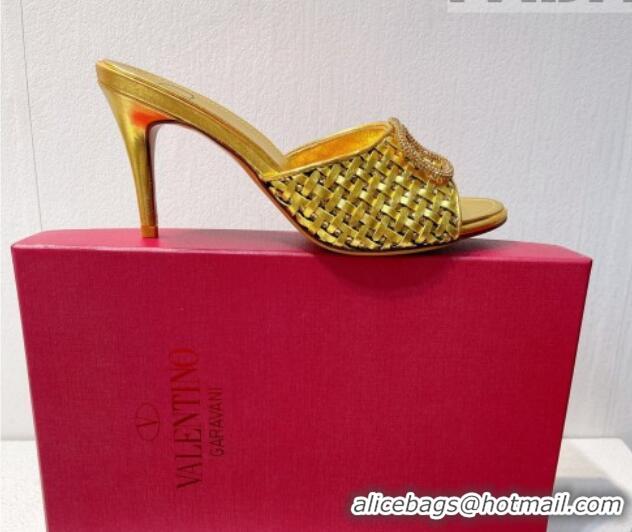 Top Quality Valentino VLogo Heel Slide Sandals 7.5cm in Woven Calfskin with Crystals Gold 027040