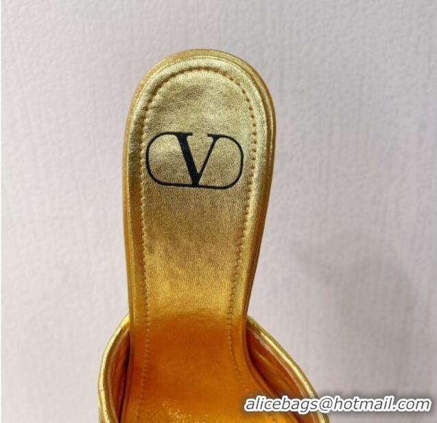 Top Quality Valentino VLogo Heel Slide Sandals 7.5cm in Woven Calfskin with Crystals Gold 027040