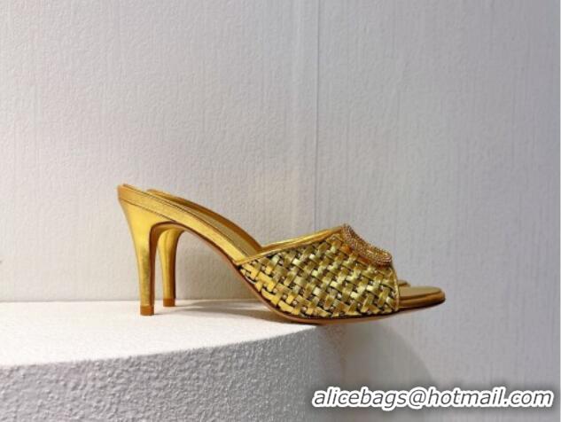 Top Quality Valentino VLogo Heel Slide Sandals 7.5cm in Woven Calfskin with Crystals Gold 027040