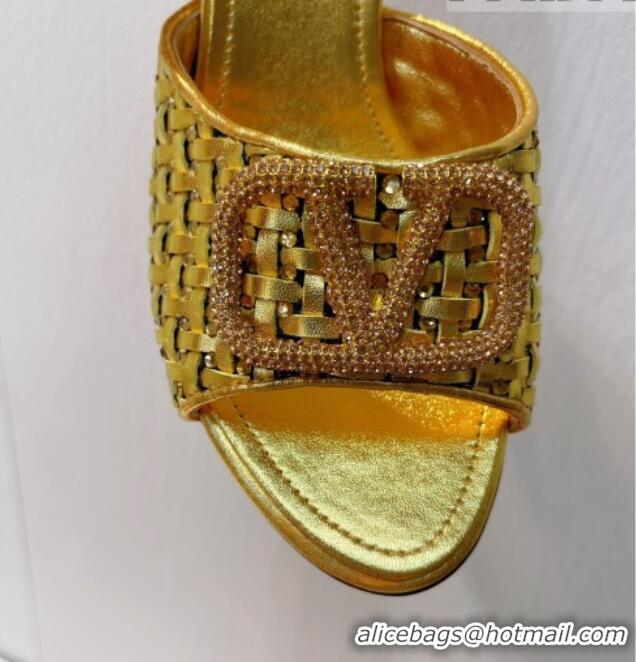 Top Quality Valentino VLogo Heel Slide Sandals 7.5cm in Woven Calfskin with Crystals Gold 027040