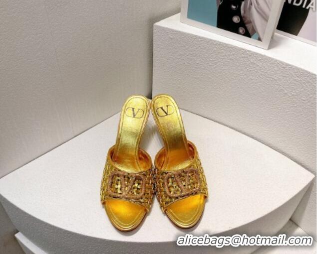 Top Quality Valentino VLogo Heel Slide Sandals 7.5cm in Woven Calfskin with Crystals Gold 027040