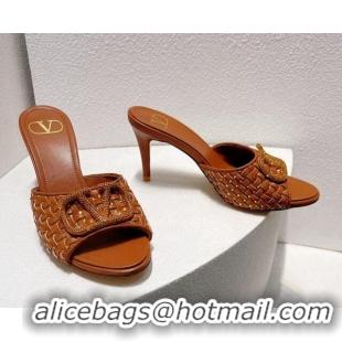 AAAAA Valentino VLogo Heel Slide Sandals 7.5cm in Woven Calfskin with Crystals Brown 027041