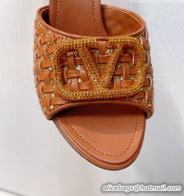 AAAAA Valentino VLogo Heel Slide Sandals 7.5cm in Woven Calfskin with Crystals Brown 027041