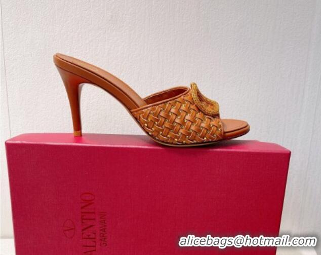 AAAAA Valentino VLogo Heel Slide Sandals 7.5cm in Woven Calfskin with Crystals Brown 027041