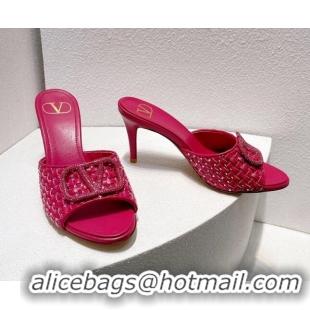 Super Quality Valentino VLogo Heel Slide Sandals 7.5cm in Woven Calfskin with Crystals Dark Pink 027042