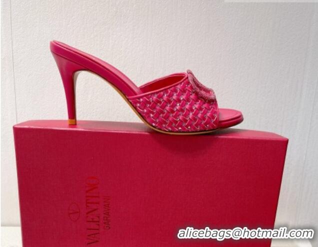 Super Quality Valentino VLogo Heel Slide Sandals 7.5cm in Woven Calfskin with Crystals Dark Pink 027042