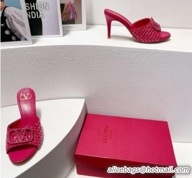 Super Quality Valentino VLogo Heel Slide Sandals 7.5cm in Woven Calfskin with Crystals Dark Pink 027042