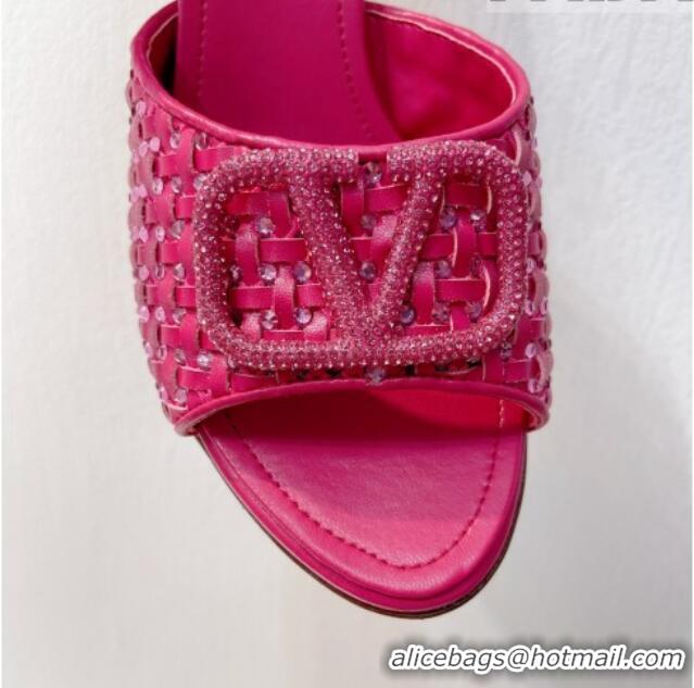 Super Quality Valentino VLogo Heel Slide Sandals 7.5cm in Woven Calfskin with Crystals Dark Pink 027042