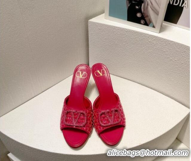 Super Quality Valentino VLogo Heel Slide Sandals 7.5cm in Woven Calfskin with Crystals Dark Pink 027042