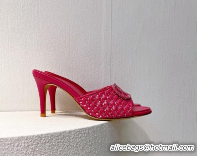 Super Quality Valentino VLogo Heel Slide Sandals 7.5cm in Woven Calfskin with Crystals Dark Pink 027042