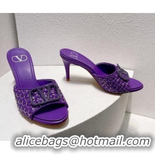 Top Quality Valentino VLogo Heel Slide Sandals 7.5cm in Woven Calfskin with Crystals Purple 027043