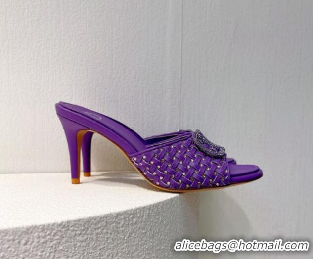 Top Quality Valentino VLogo Heel Slide Sandals 7.5cm in Woven Calfskin with Crystals Purple 027043