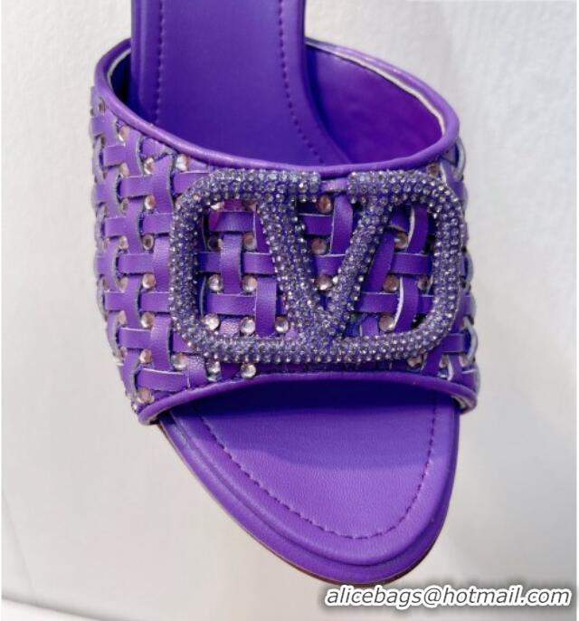 Top Quality Valentino VLogo Heel Slide Sandals 7.5cm in Woven Calfskin with Crystals Purple 027043