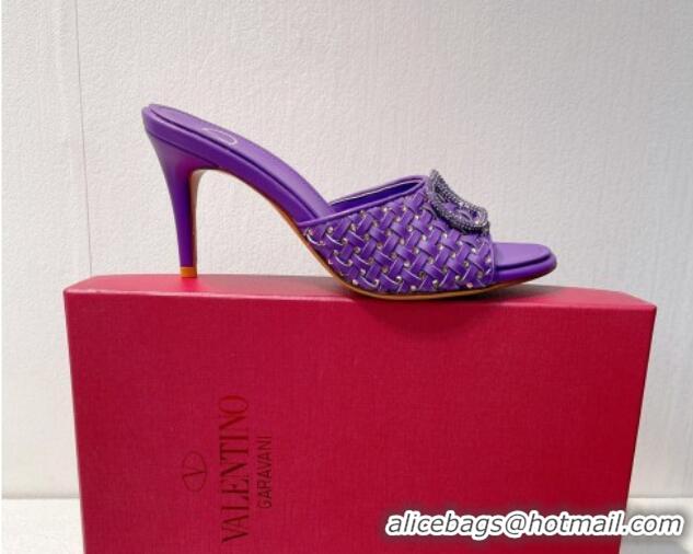 Top Quality Valentino VLogo Heel Slide Sandals 7.5cm in Woven Calfskin with Crystals Purple 027043