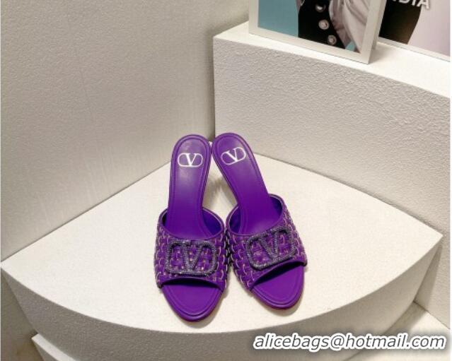 Top Quality Valentino VLogo Heel Slide Sandals 7.5cm in Woven Calfskin with Crystals Purple 027043