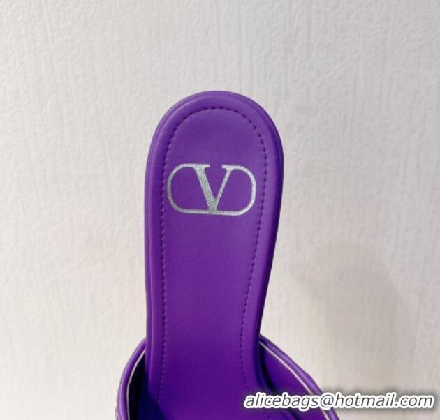 Top Quality Valentino VLogo Heel Slide Sandals 7.5cm in Woven Calfskin with Crystals Purple 027043