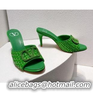 Stylish Valentino VLogo Heel Slide Sandals 7.5cm in Woven Calfskin with Crystals Green 027044