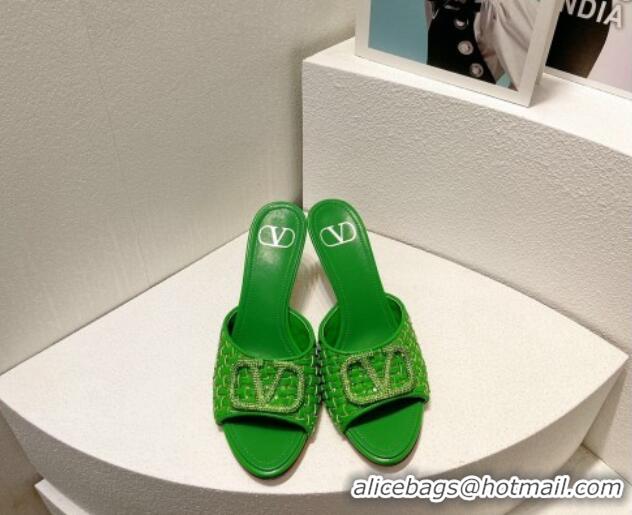 Stylish Valentino VLogo Heel Slide Sandals 7.5cm in Woven Calfskin with Crystals Green 027044