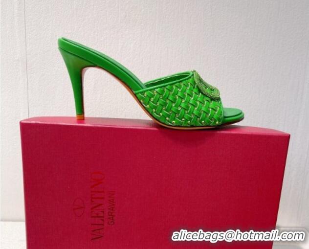 Stylish Valentino VLogo Heel Slide Sandals 7.5cm in Woven Calfskin with Crystals Green 027044