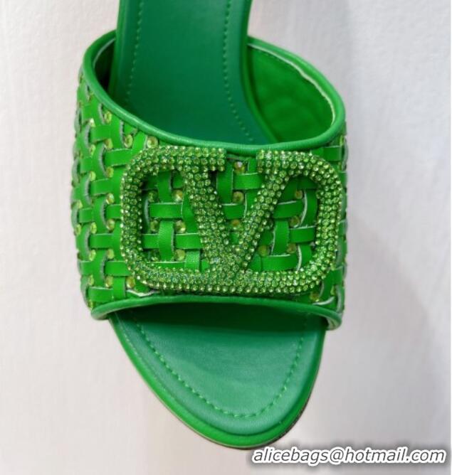 Stylish Valentino VLogo Heel Slide Sandals 7.5cm in Woven Calfskin with Crystals Green 027044