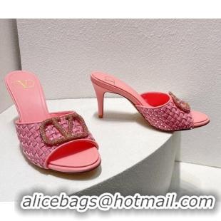 Duplicate Valentino VLogo Heel Slide Sandals 7.5cm in Woven Calfskin with Crystals Light Pink 027045