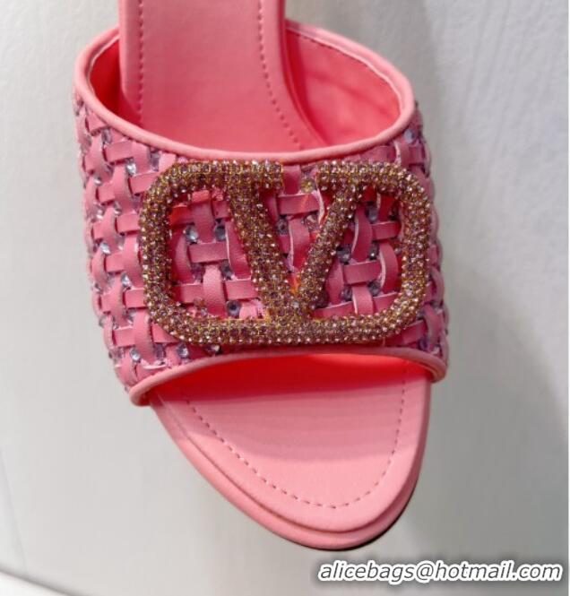 Duplicate Valentino VLogo Heel Slide Sandals 7.5cm in Woven Calfskin with Crystals Light Pink 027045