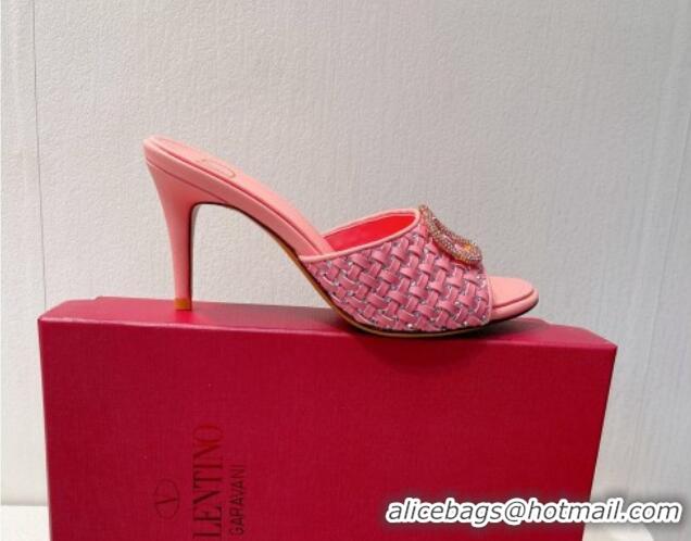 Duplicate Valentino VLogo Heel Slide Sandals 7.5cm in Woven Calfskin with Crystals Light Pink 027045