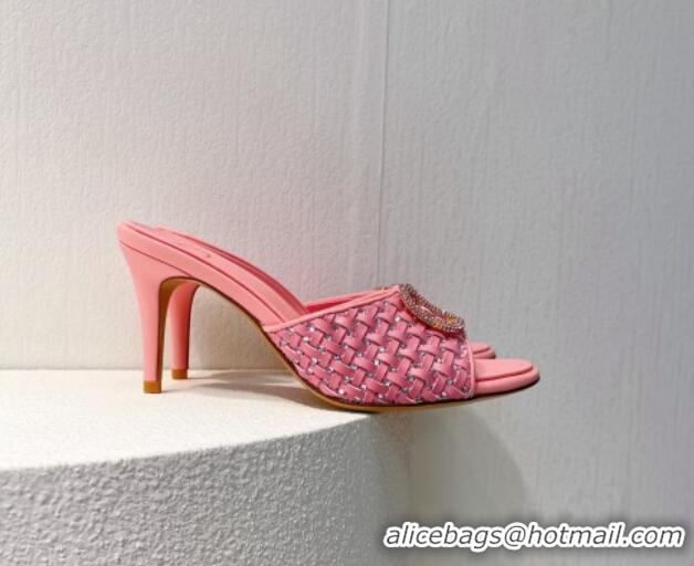 Duplicate Valentino VLogo Heel Slide Sandals 7.5cm in Woven Calfskin with Crystals Light Pink 027045