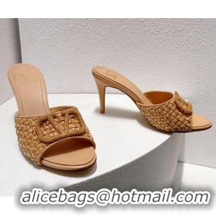 Duplicate Valentino VLogo Heel Slide Sandals 7.5cm in Woven Calfskin with Crystals Beige 027046