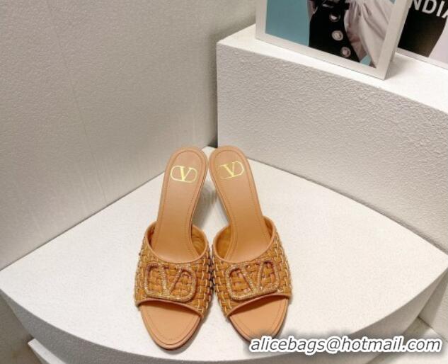 Duplicate Valentino VLogo Heel Slide Sandals 7.5cm in Woven Calfskin with Crystals Beige 027046