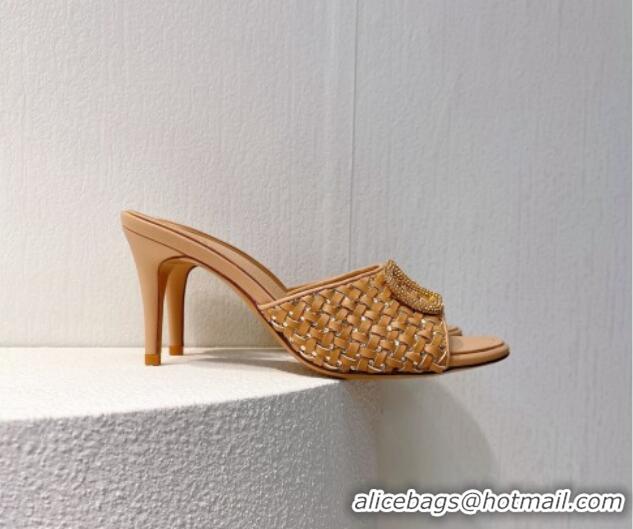 Duplicate Valentino VLogo Heel Slide Sandals 7.5cm in Woven Calfskin with Crystals Beige 027046