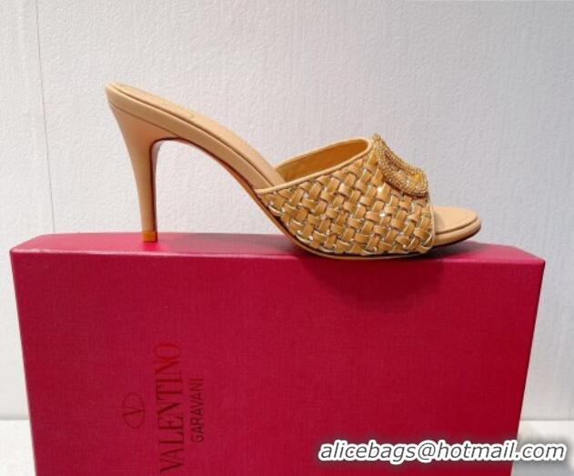 Duplicate Valentino VLogo Heel Slide Sandals 7.5cm in Woven Calfskin with Crystals Beige 027046