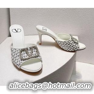 Best Price Valentino VLogo Heel Slide Sandals 7.5cm in Woven Calfskin with Crystals White 027047