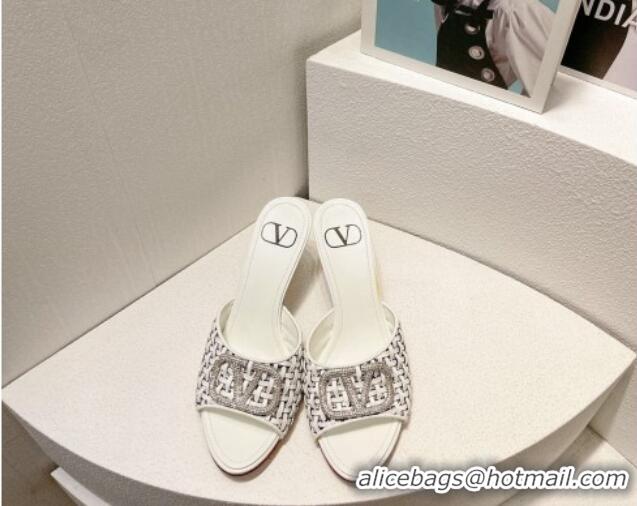 Best Price Valentino VLogo Heel Slide Sandals 7.5cm in Woven Calfskin with Crystals White 027047