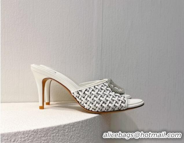 Best Price Valentino VLogo Heel Slide Sandals 7.5cm in Woven Calfskin with Crystals White 027047