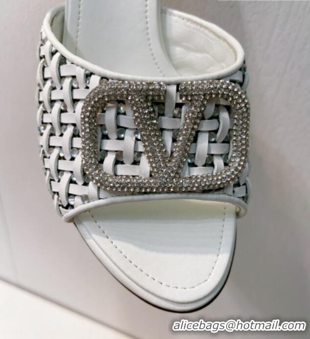 Best Price Valentino VLogo Heel Slide Sandals 7.5cm in Woven Calfskin with Crystals White 027047