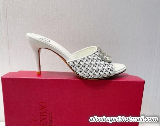 Best Price Valentino VLogo Heel Slide Sandals 7.5cm in Woven Calfskin with Crystals White 027047