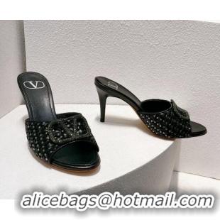 Buy Duplicate Valentino VLogo Heel Slide Sandals 7.5cm in Woven Calfskin with Crystals Black 027048