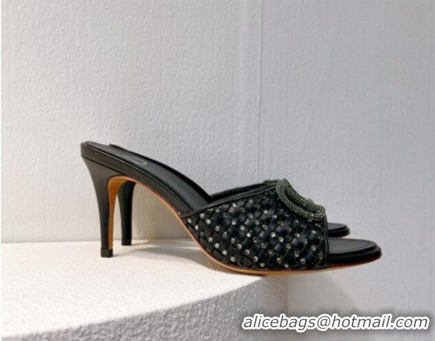 Buy Duplicate Valentino VLogo Heel Slide Sandals 7.5cm in Woven Calfskin with Crystals Black 027048