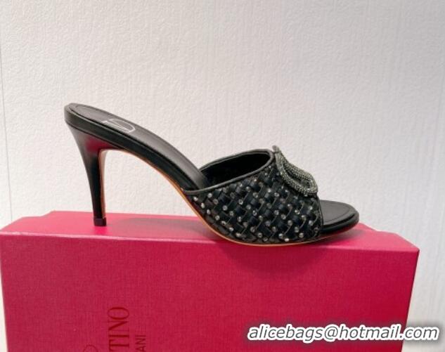 Buy Duplicate Valentino VLogo Heel Slide Sandals 7.5cm in Woven Calfskin with Crystals Black 027048