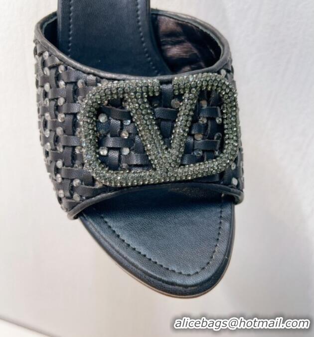 Buy Duplicate Valentino VLogo Heel Slide Sandals 7.5cm in Woven Calfskin with Crystals Black 027048