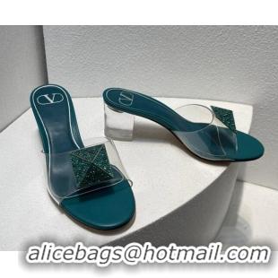 Hot Style Valentino One Stud PVC Heel Slide Sandals with Crystals and Clear Heel 4.5cm Peacock Green 027049