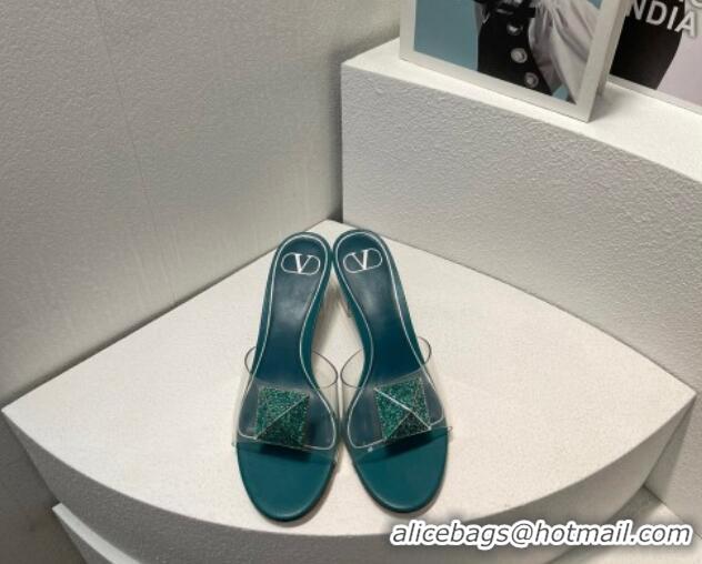 Hot Style Valentino One Stud PVC Heel Slide Sandals with Crystals and Clear Heel 4.5cm Peacock Green 027049