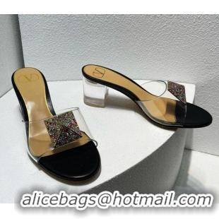 Sophisticated Valentino One Stud PVC Heel Slide Sandals with Crystals and Clear Heel 4.5cm Black/Nude 027050