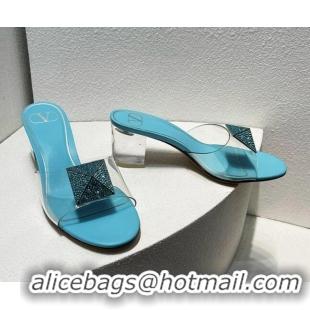 Sumptuous Valentino One Stud PVC Heel Slide Sandals with Crystals and Clear Heel 4.5cm Light Blue 027052