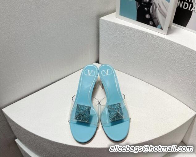 Sumptuous Valentino One Stud PVC Heel Slide Sandals with Crystals and Clear Heel 4.5cm Light Blue 027052