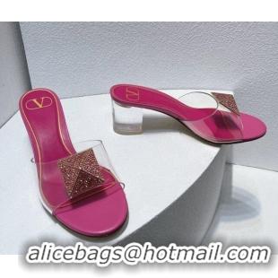 Most Popular Valentino One Stud PVC Heel Slide Sandals with Crystals and Clear Heel 4.5cm Dark Pink 027053